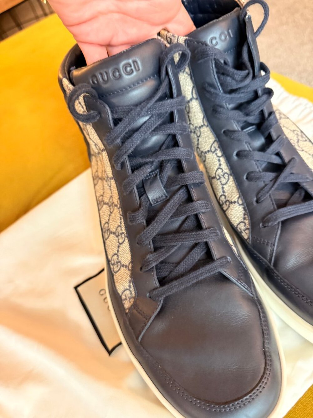 Gucci Men’s Tennis 1977 High Top Sneakers Navy Leather & monogram canvas - Picture 3 of 9